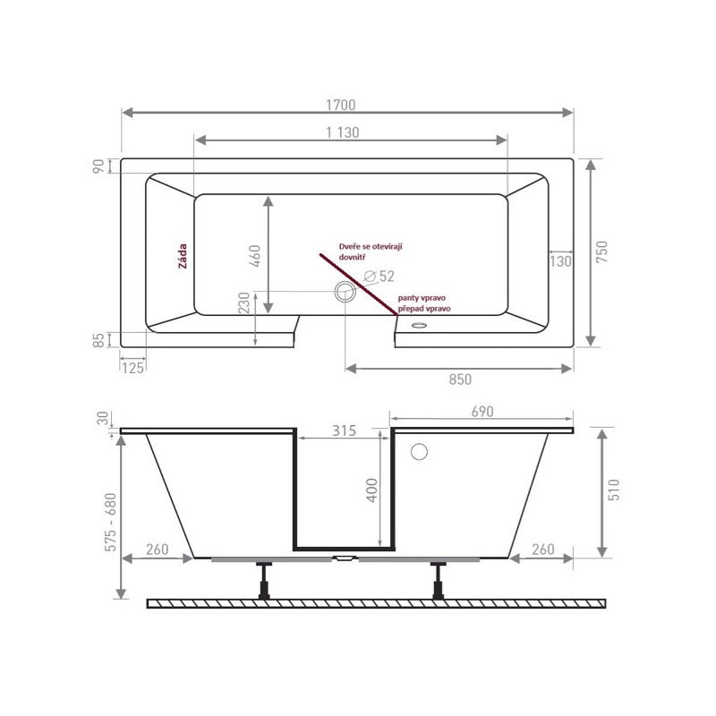SATVD170L SAT 170 x 75 cm kad z vratci - leva izvedba
