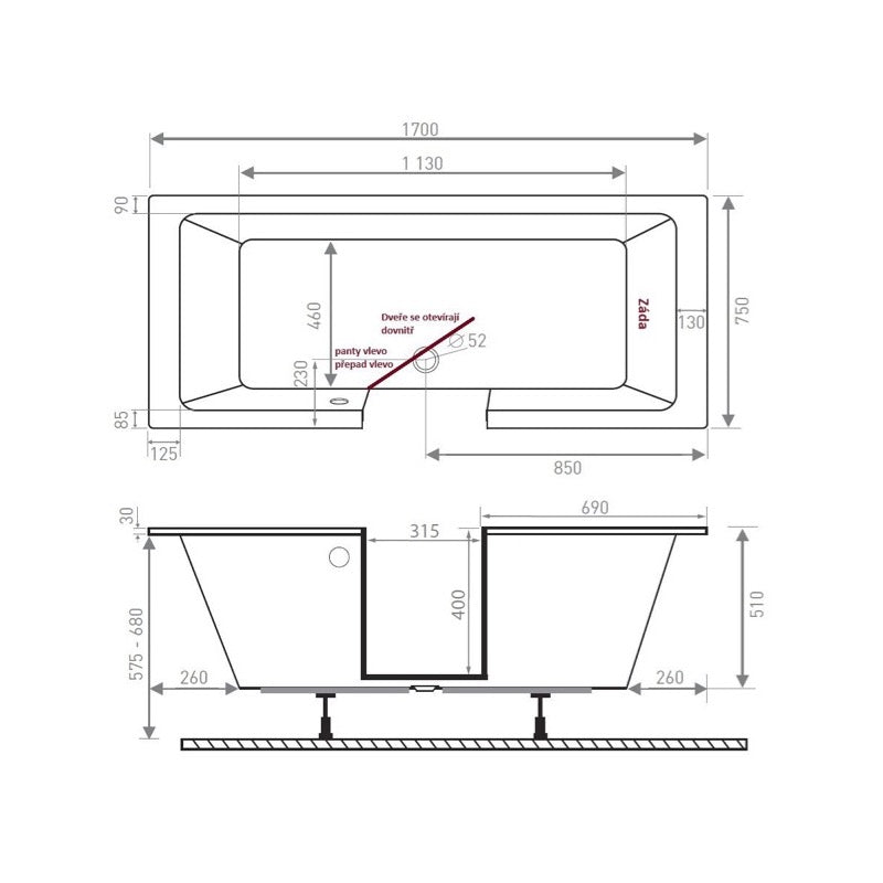 SATVD170P SAT 170 x 75 cm kad z vratci - desna izvedba