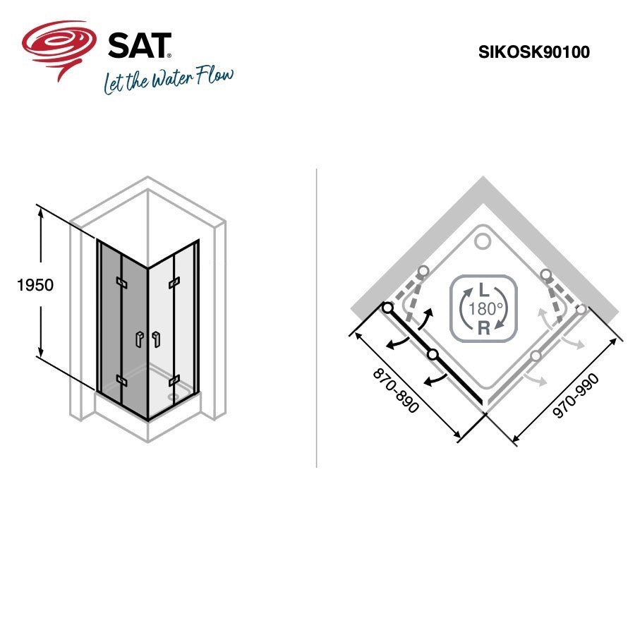 SIKOSK90100 SAT SK 100 x 90 pravokotna tuš kabina z zložljivimi vrati
