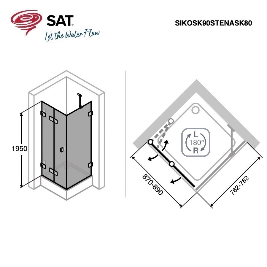 SIKOSK90STENASK80 SAT SK 90 x 80 pravokotna tuš kabina z zložljivimi vrati