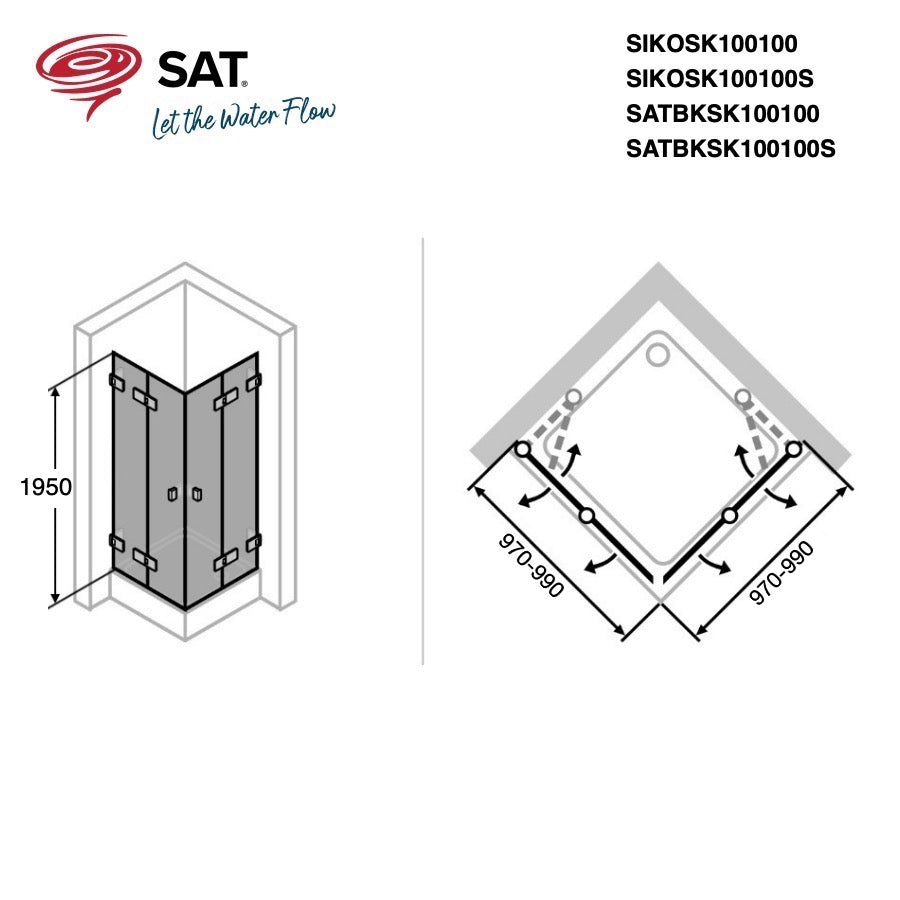 SATBKSK100100 SAT SK 100 x 100 kompletna kvadratna tuš kabina z zložljivimi vrati