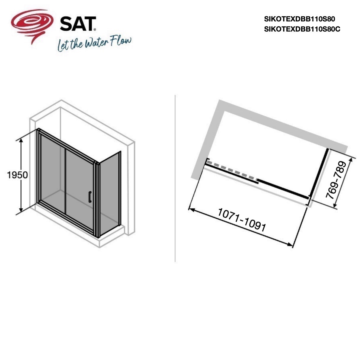 SIKOTEXDBB110S80 SAT TEX 110 x 80 pravokotna tuš kabina brez okvirja
