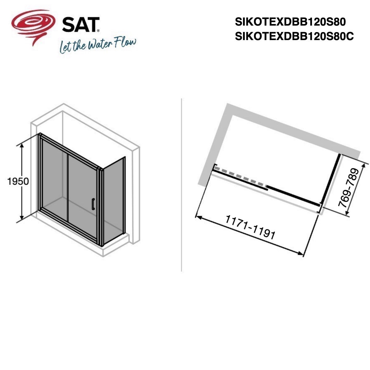 SIKOTEXDBB120S80C SAT TEX 120 x 80 pravokotna tuš kabina brez okvirja črna