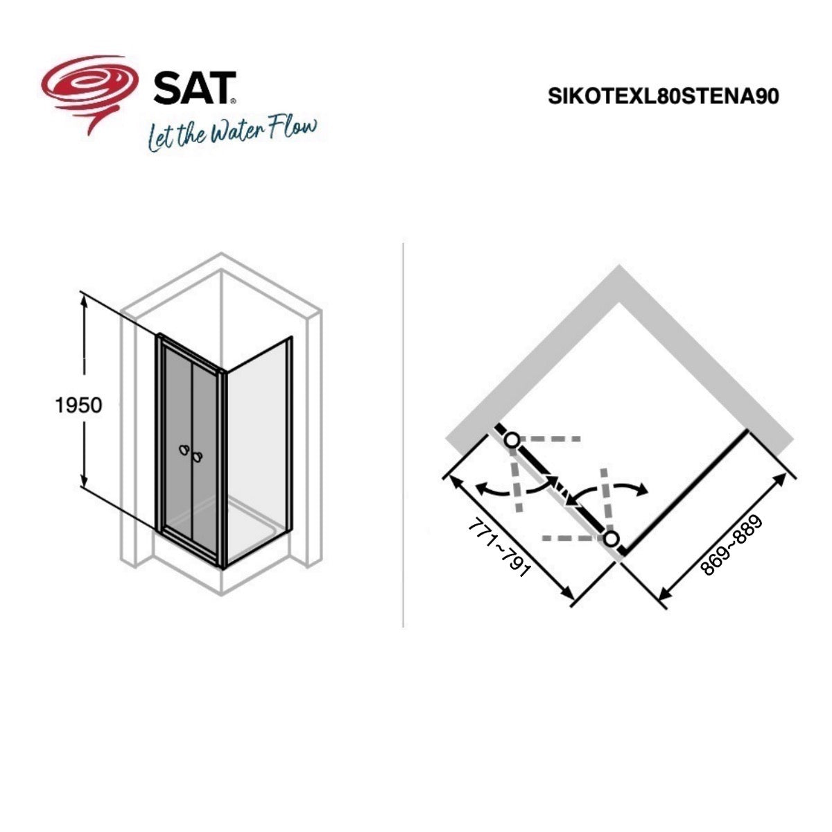 SIKOTEXL80STENA90 SAT TEX 90 x 80 pravokotna tuš kabina