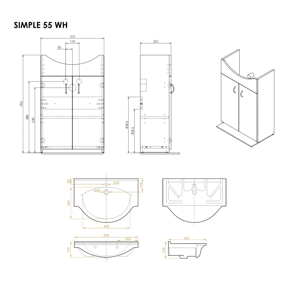 SIMPLE55WH Multi Simple 55,5 x 42,4 cm umivalnik z omarico