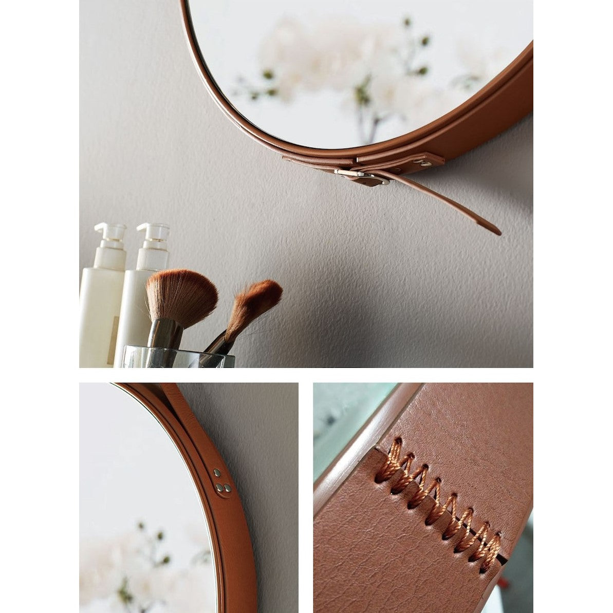 ZREM50H Naturel 50 x 50 cm okroglo ogledalo z usnjenim trakom