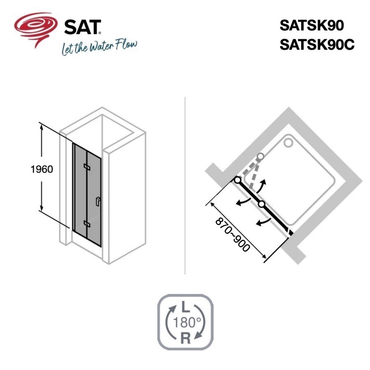 SATSK90C SAT SK 90 zložljiva tuš vrata črna