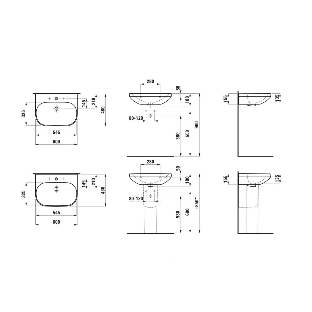 H8110830001041 Laufen Lua 60 x 46 cm stenski keramični umivalnik z odprtino za armaturo