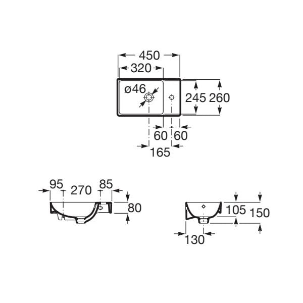 A327681000 Roca ONA 45 x 26 cm desna izvedba keramični umivalnik z odprtino za armaturo