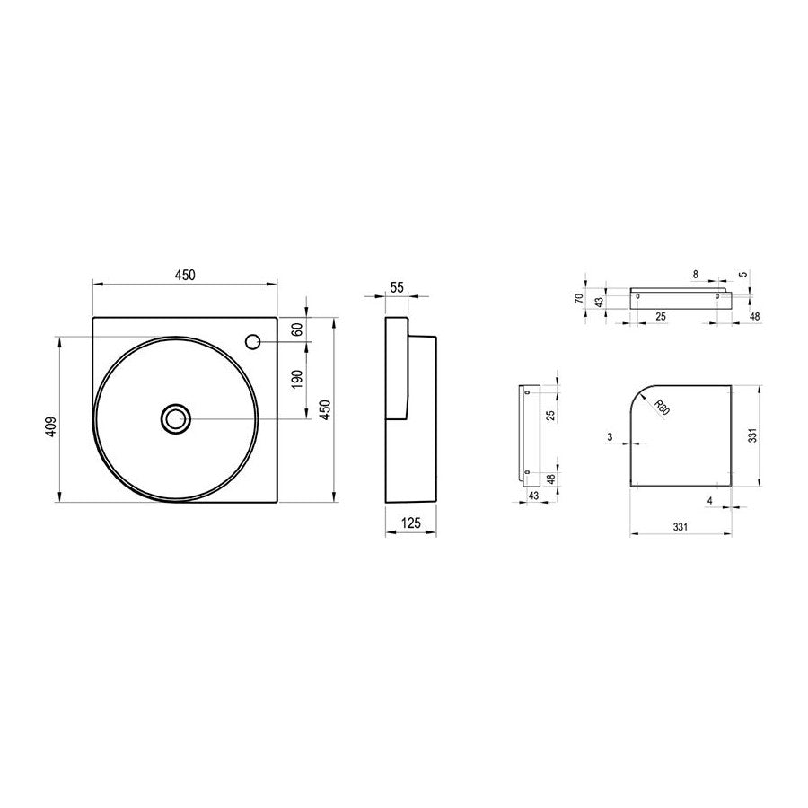 X000001526 Ravak Yard 45 x 45 cm kotni umivalnik z nosilcem