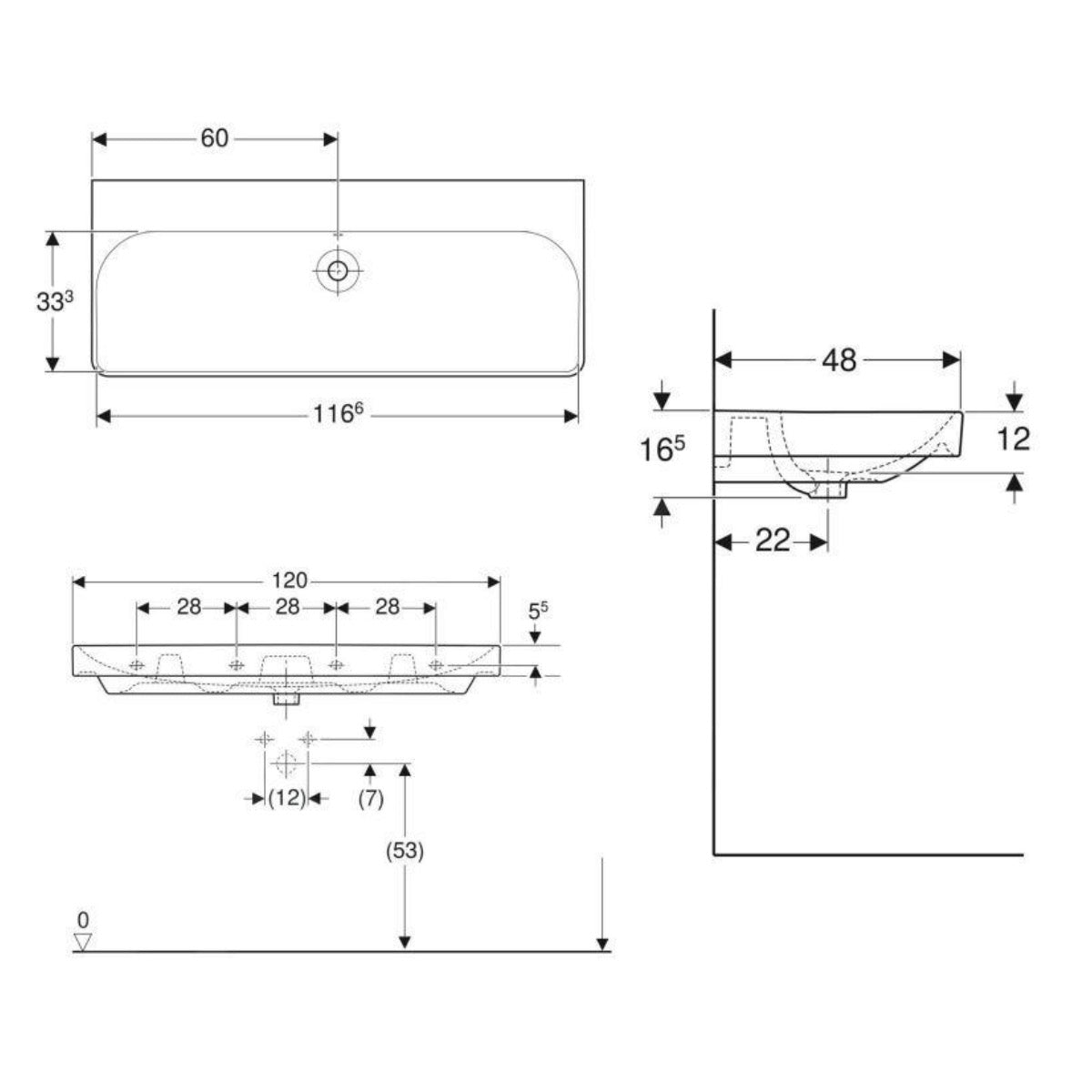 500.225.01.1 Geberit Smyle Square 120 x 48 cm keramični umivalnik brez odprtine za armaturo