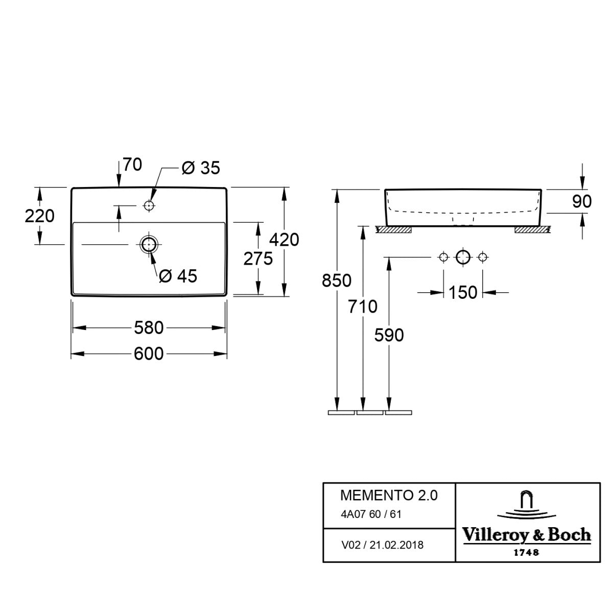 4A076001 Villeroy & Boch Memento 2.0 60 x 42 cm nadpultni keramični umivalnik z odprtino za armaturo