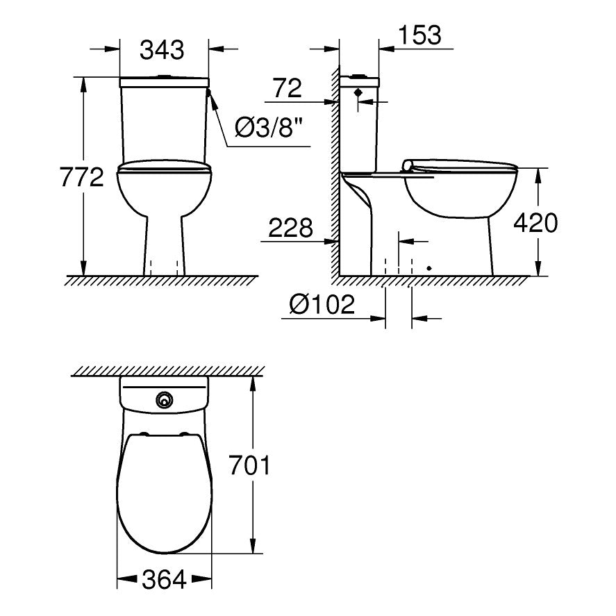 WC školjke 39346000 Grohe Bau Ceramic talna brezrobna WC školjka monoblok (talni izliv) z WC desko s počasnim zapiranjem | KOPALNICA-ONLINE.SI