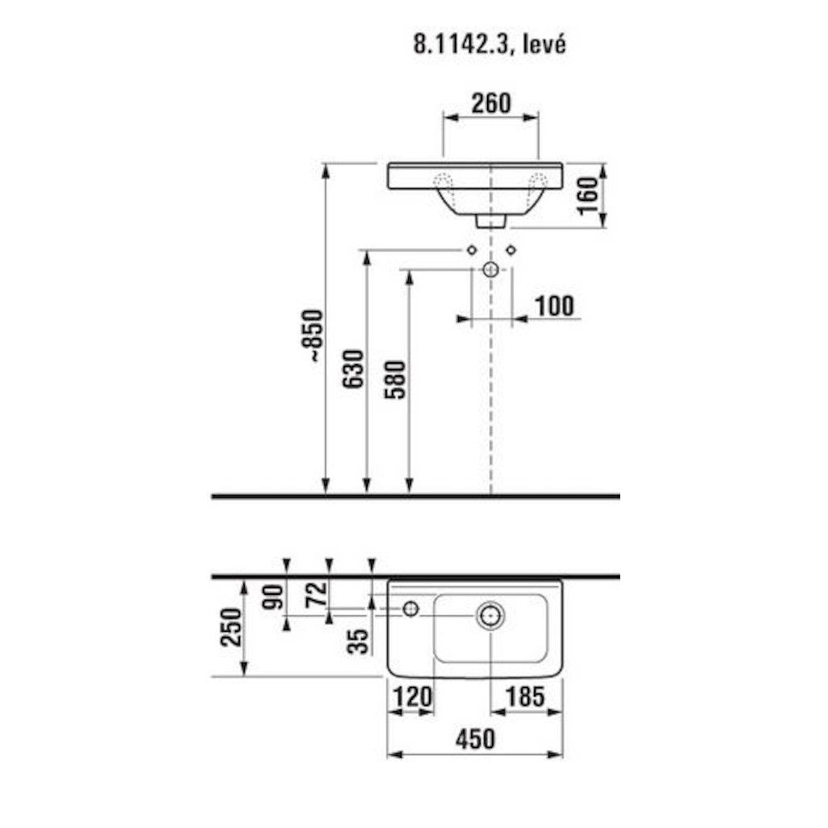 H8114230001051 Jika Cubito 45 x 25 cm leva izvedba keramični umivalnik z odprtino za armaturo