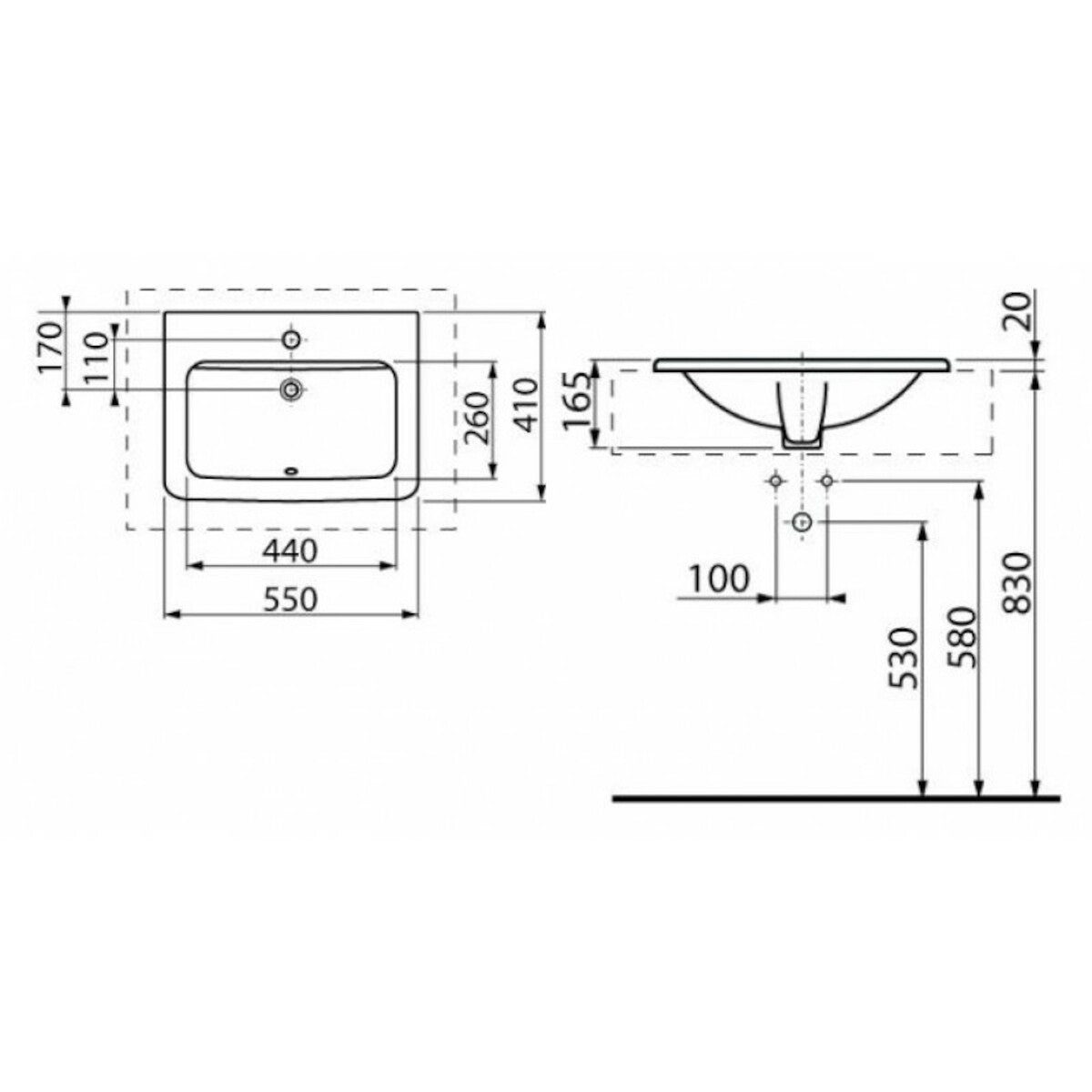 H8174220001041 Jika Cubito 55 x 41 cm vgradni keramični umivalnik z odprtino za armaturo