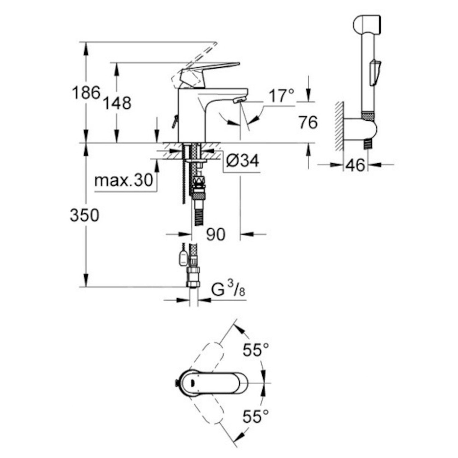 Armature 23125000 Grohe Eurosmart Cosmopolitan armatura za umivalnik s higijenskim tuš setom | KOPALNICA-ONLINE.SI