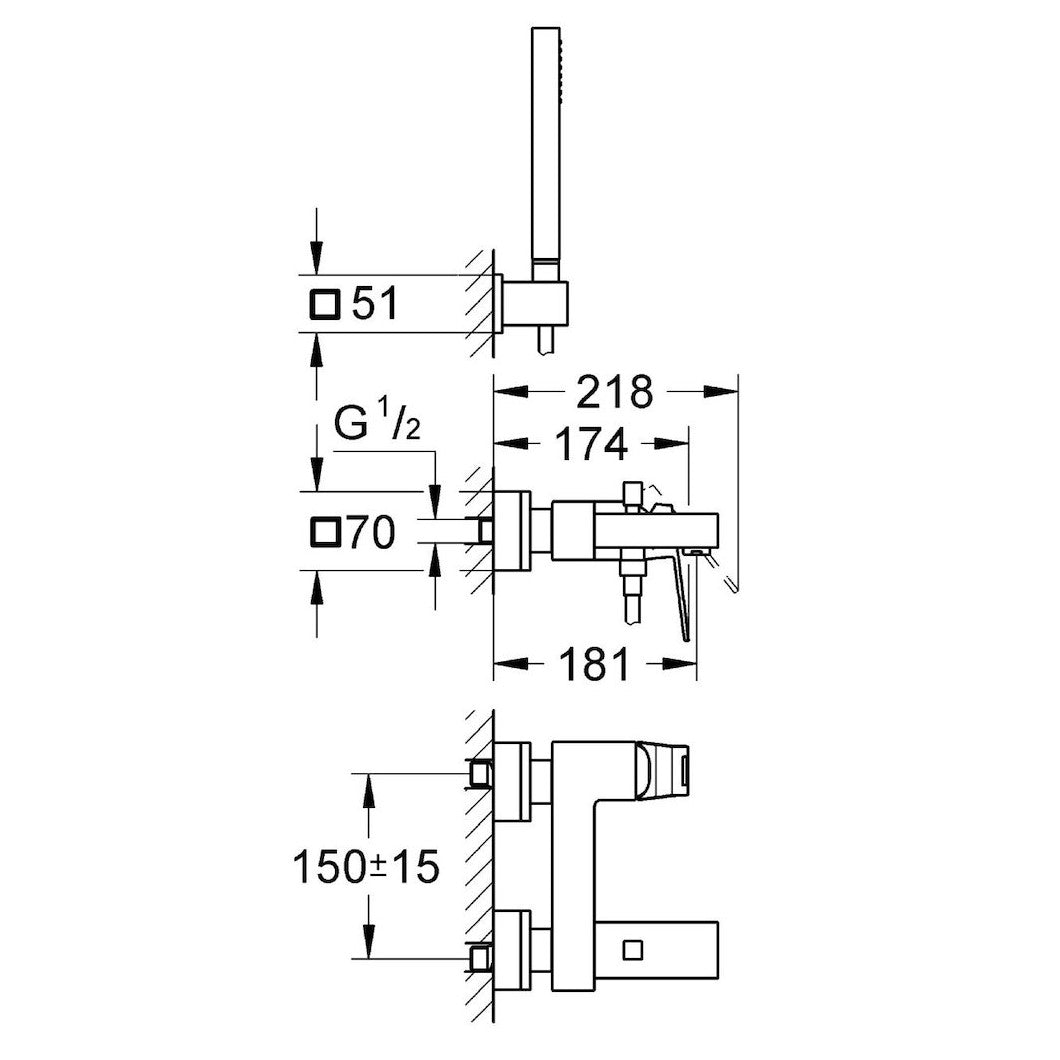 Armature 23141000 Grohe Eurocube stenska armatura za kad s tuš ročko | KOPALNICA-ONLINE.SI
