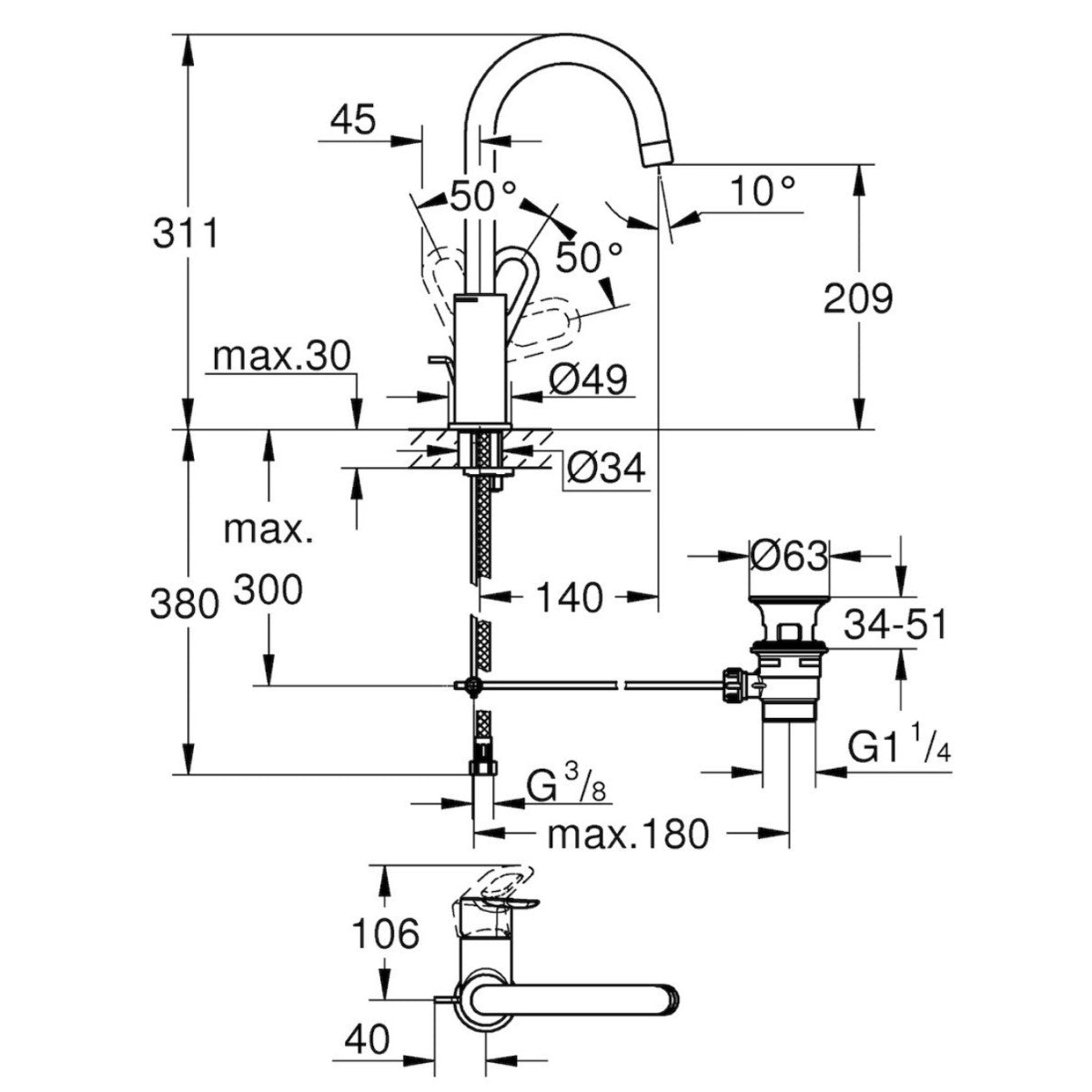 Armature 23763000 Grohe Loop visoka vrtljiva armatura za umivalnik | KOPALNICA-ONLINE.SI