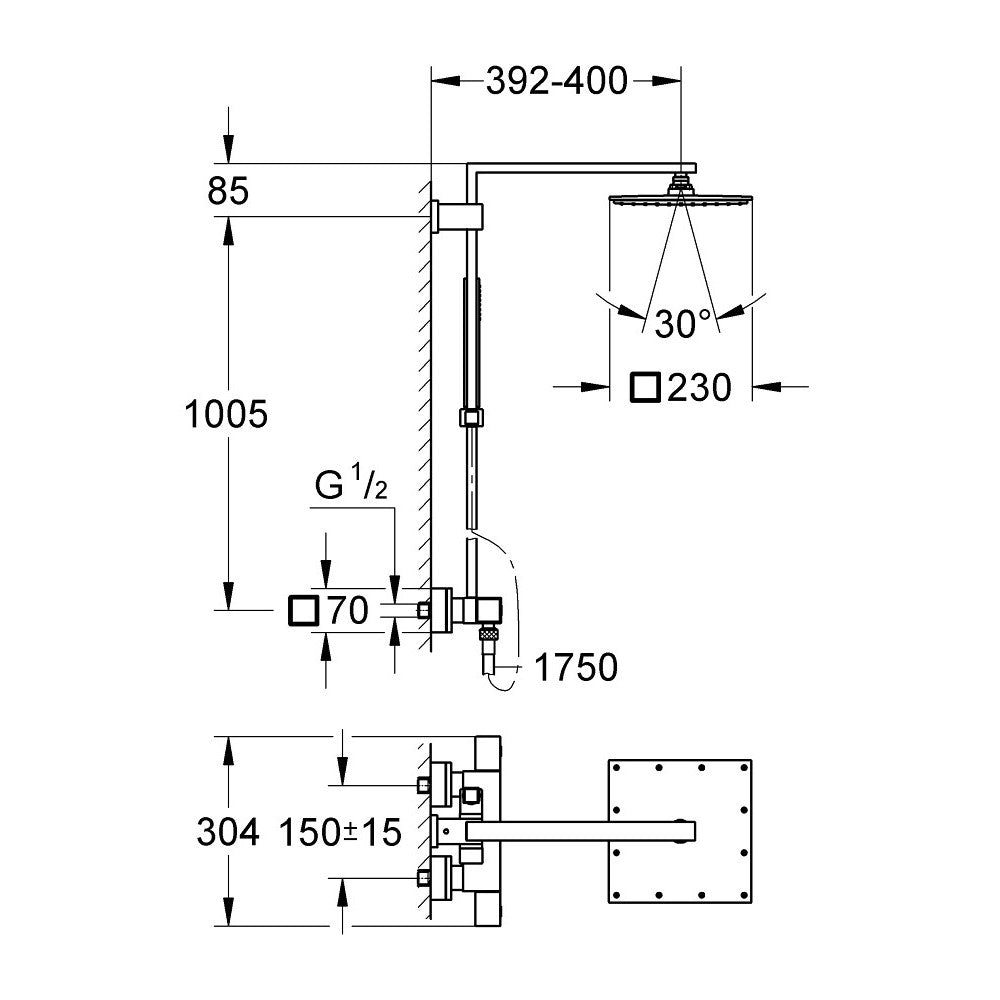 Tuš sistemi 26087000 Grohe Euphoria Cube XXL 230 termostatska armatura s tuš setom | KOPALNICA-ONLINE.SI