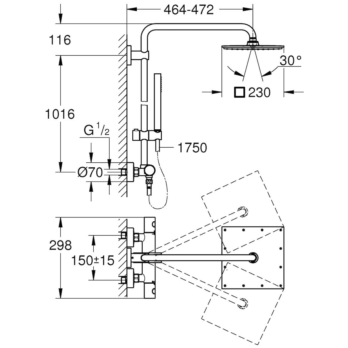 Tuš sistemi 26187000 Grohe Euphoria Cube XXL 230 termostatska armatura s tuš setom | KOPALNICA-ONLINE.SI