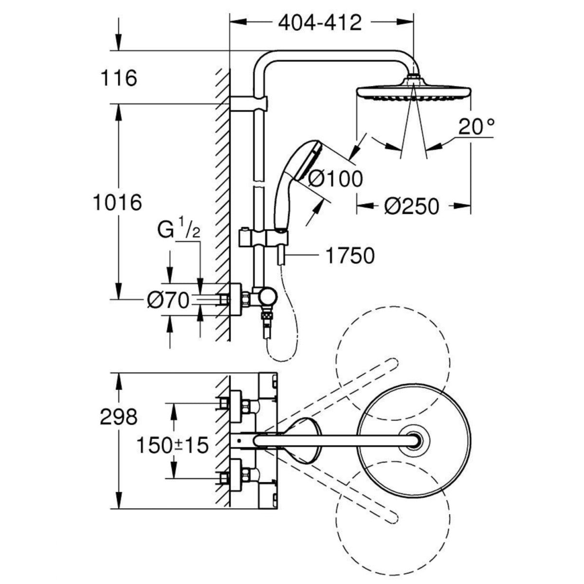 Tuš sistemi 26816000 Grohe Vitalio Start 250 termostatska armatura s tuš setom | KOPALNICA-ONLINE.SI