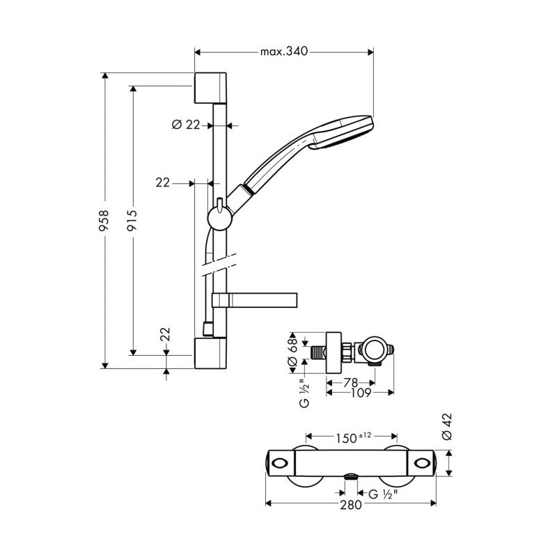 Tuš sistemi 27085000 Hansgrohe Croma 100 Multi / Ecostat 1001 SL Combi stenska termostatska armatura s tuš setom | KOPALNICA-ONLINE.SI