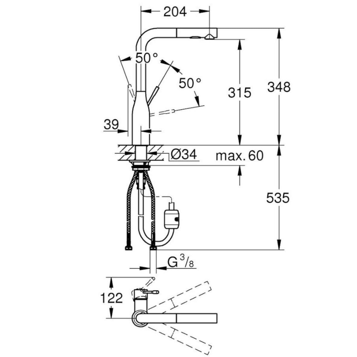Kuhinjska armatura 30270000 Grohe Essence New vrtljiva izvlečna kuhinjska armatura | KOPALNICA-ONLINE.SI