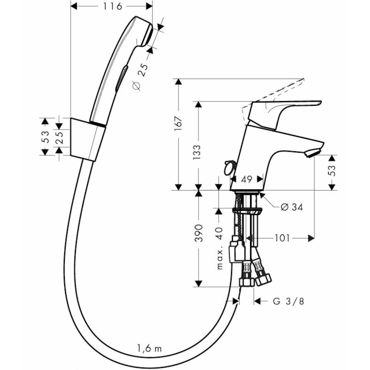 Armature 31926000 Hansgrohe Focus 70 armatura za umivalnik s higijenskim tuš setom | KOPALNICA-ONLINE.SI