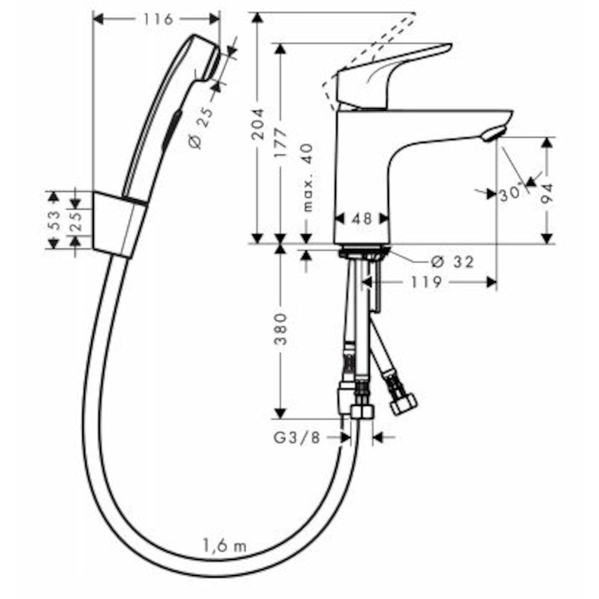 Armature 31927000 Hansgrohe Focus 100 armatura za umivalnik s higijenskim tuš setom | KOPALNICA-ONLINE.SI