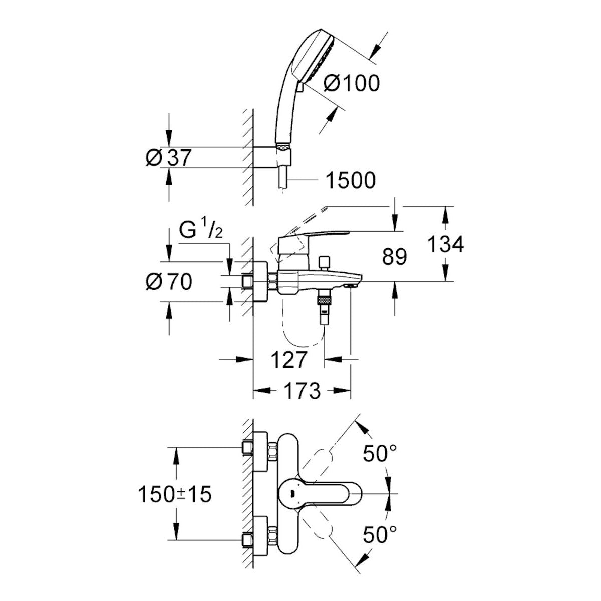 Armature 3359220A Grohe Eurostyle Cosmopolitan stenska armatura za kad s tuš ročko | KOPALNICA-ONLINE.SI