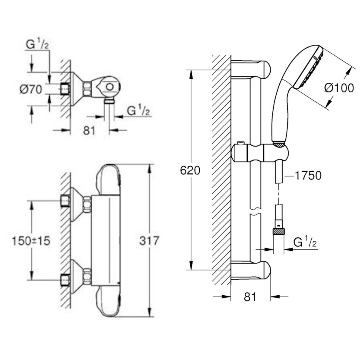 Tuš sistemi 34152004 Grohe Grohtherm 1000 New stenska termostatska armatura s tuš setom | KOPALNICA-ONLINE.SI