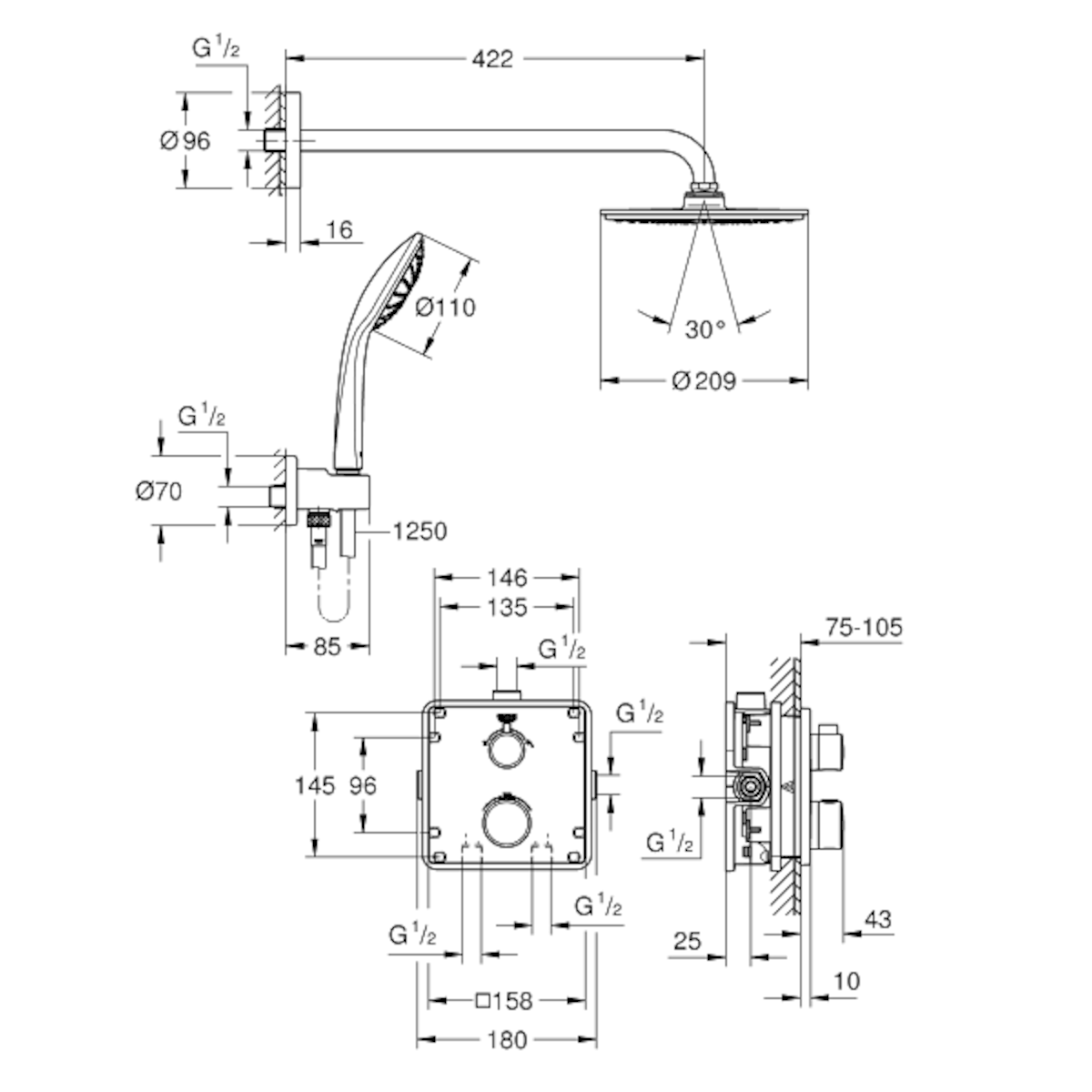 Armature 34734000 Grohe Grohtherm termostatski podometni komplet za tuš | KOPALNICA-ONLINE.SI