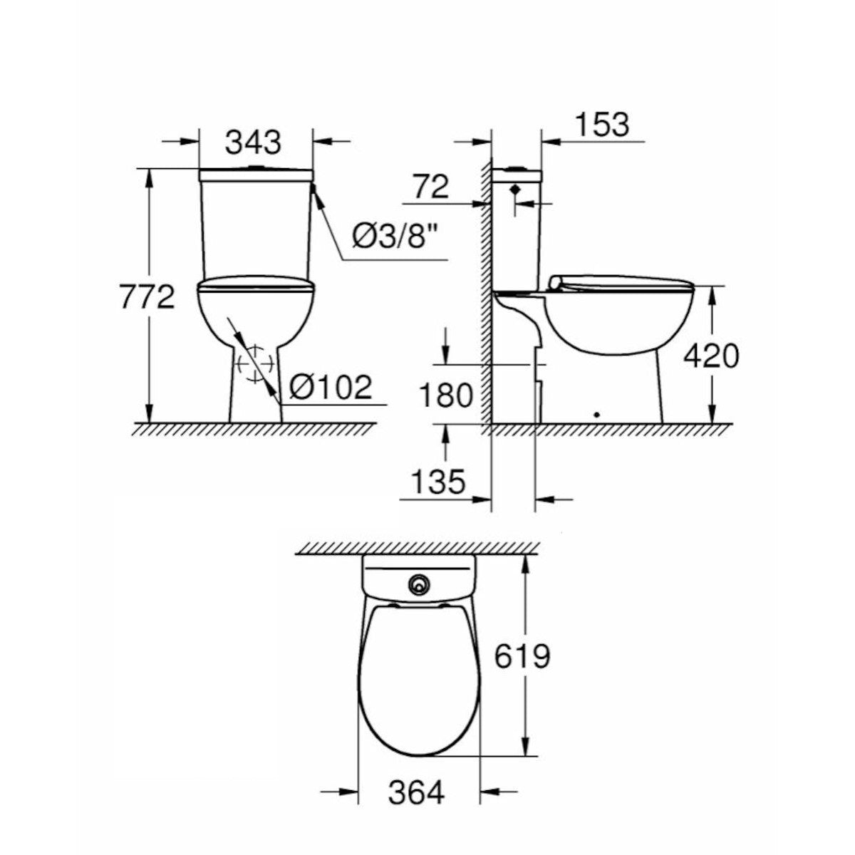 WC školjke 39347000 Grohe Bau Ceramic talna WC školjka monoblok (stenski izliv) z WC desko s počasnim zapiranjem | KOPALNICA-ONLINE.SI