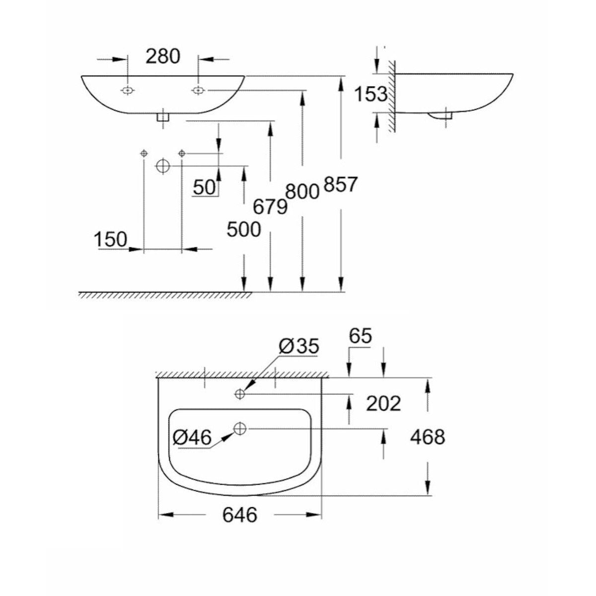 Umivalniki 39420000 Grohe Bau Ceramic 64,6 x 46,8 cm stenski keramični umivalnik z odprtino za armaturo | KOPALNICA-ONLINE.SI