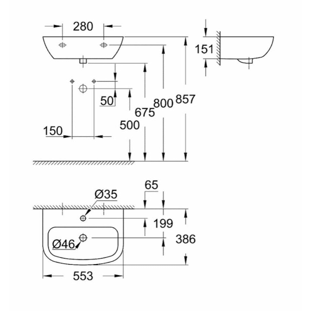 Umivalniki 39440000 Grohe Bau Ceramic 55 x 38 cm stenski keramični umivalnik z odprtino za armaturo | KOPALNICA-ONLINE.SI