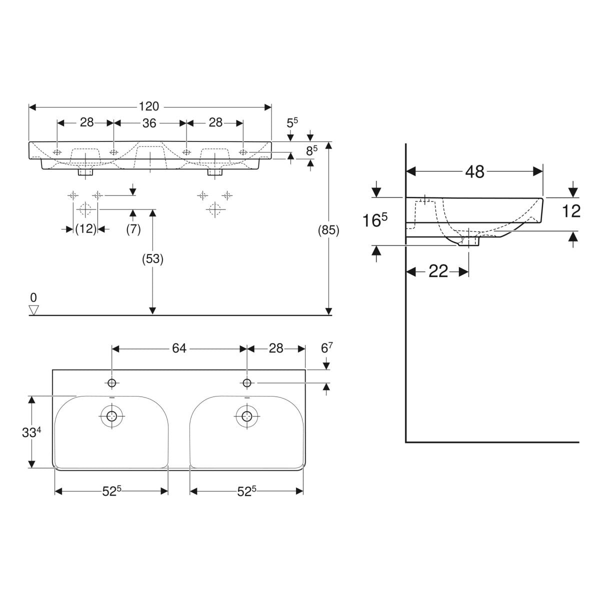Umivalniki 500.223.01.1 Geberit Smyle Square 120 x 48 cm dvojni keramični umivalnik z 2 odprtinama | KOPALNICA-ONLINE.SI