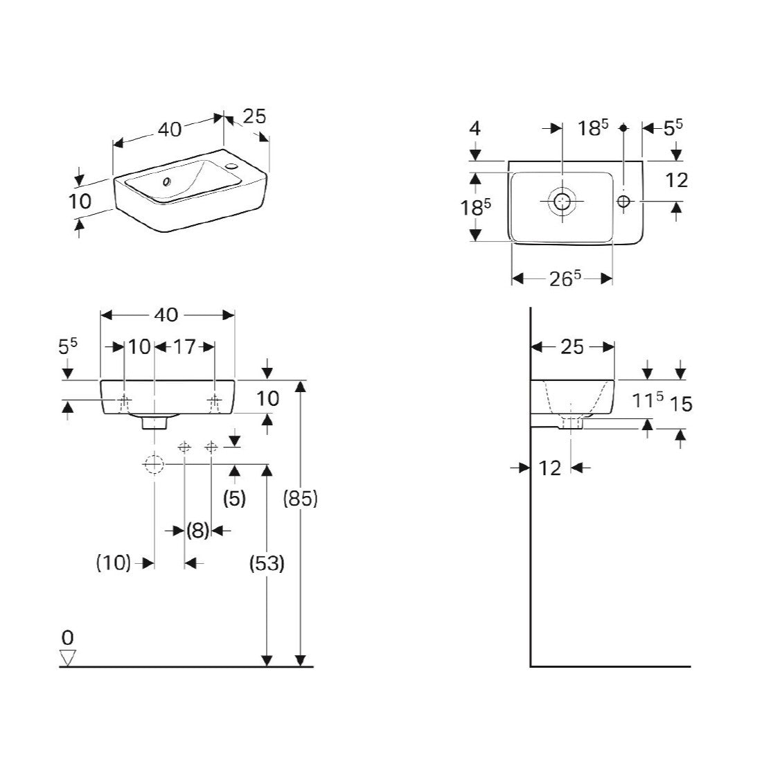 Umivalniki 501.517.00.1 Geberit Selnova 40 x 25 cm desna izvedba keramični umivalnik z odprtino za armaturo | KOPALNICA-ONLINE.SI