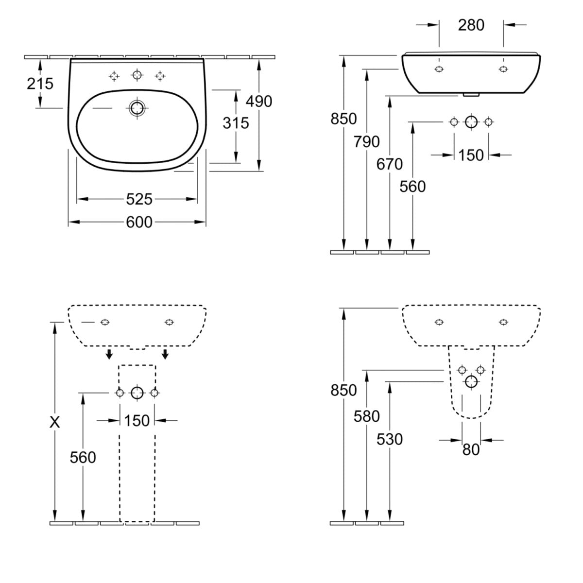 Umivalniki 51606001 Villeroy & Boch O.Novo 60 x 49 cm keramični umivalnik z odprtino za armaturo | KOPALNICA-ONLINE.SI
