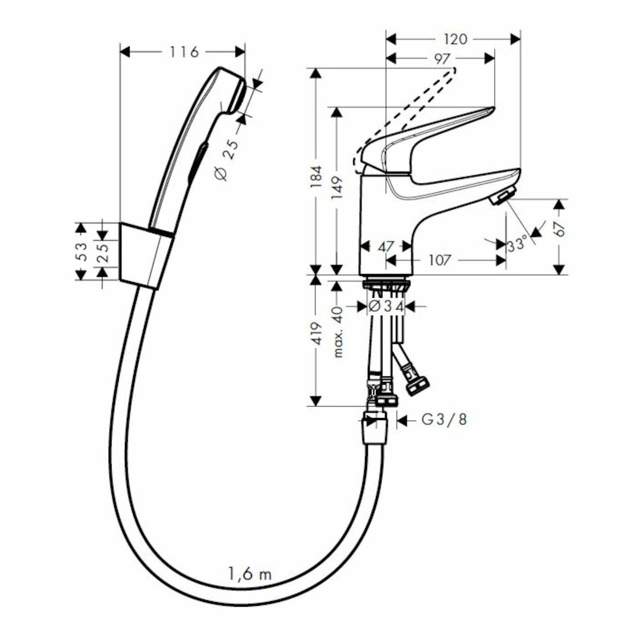 Armature 71144000 Hansgrohe Novus 70 armatura za umivalnik s higijenskim tuš setom | KOPALNICA-ONLINE.SI
