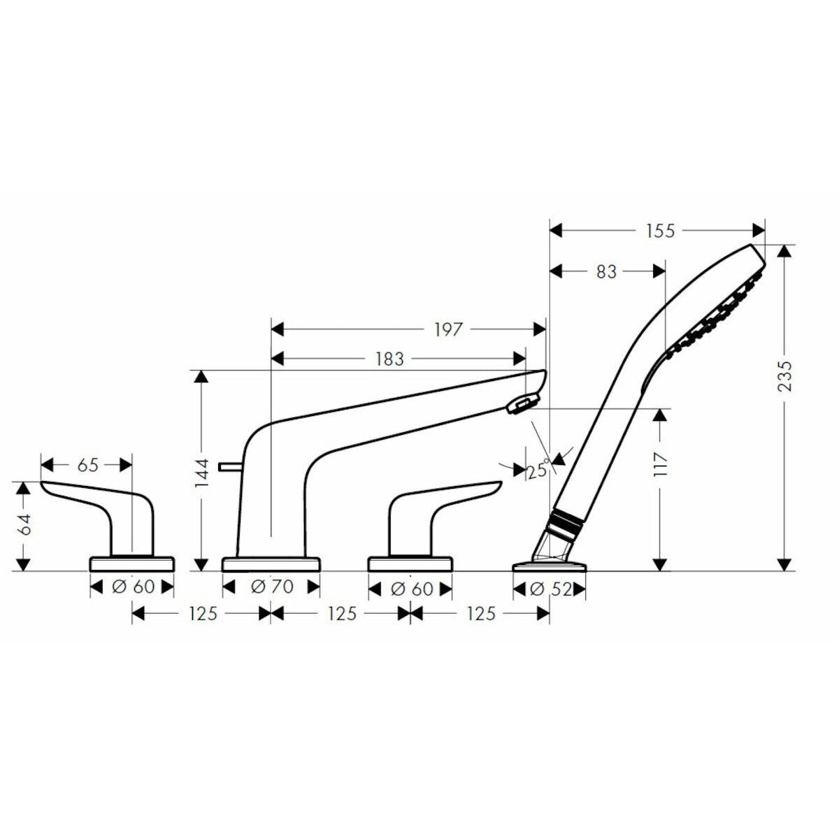 Armature 71333000 Hansgrohe Novus armatura za kad s tuš ročko za namestitev na rob kadi | KOPALNICA-ONLINE.SI