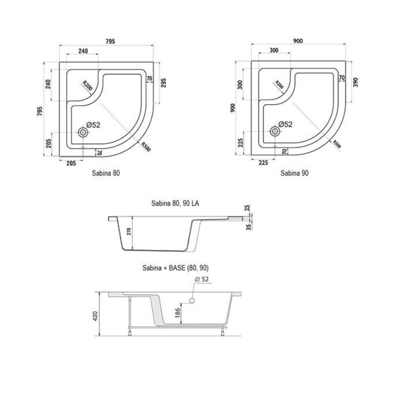 Tuš kadi A214001020 Ravak Sabina 80 x 80 cm polkrožna tuš kad iz sanitarnega akrila | KOPALNICA-ONLINE.SI