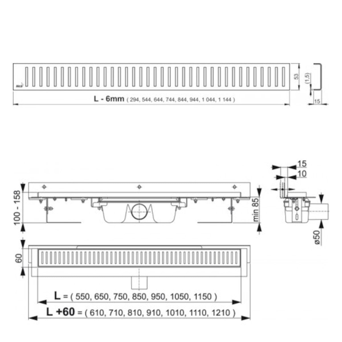 Tuš kanalete APZ4-1050 Alcaplast 105 cm obstenski model tuš kanaleta iz nerjavnega jekla | KOPALNICA-ONLINE.SI
