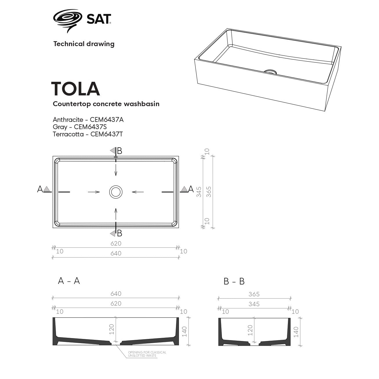 Umivalniki CEM6437A SAT Cemento 64 x 36,5 cm pravokotni kamniti nadpultni umivalnik | KOPALNICA-ONLINE.SI