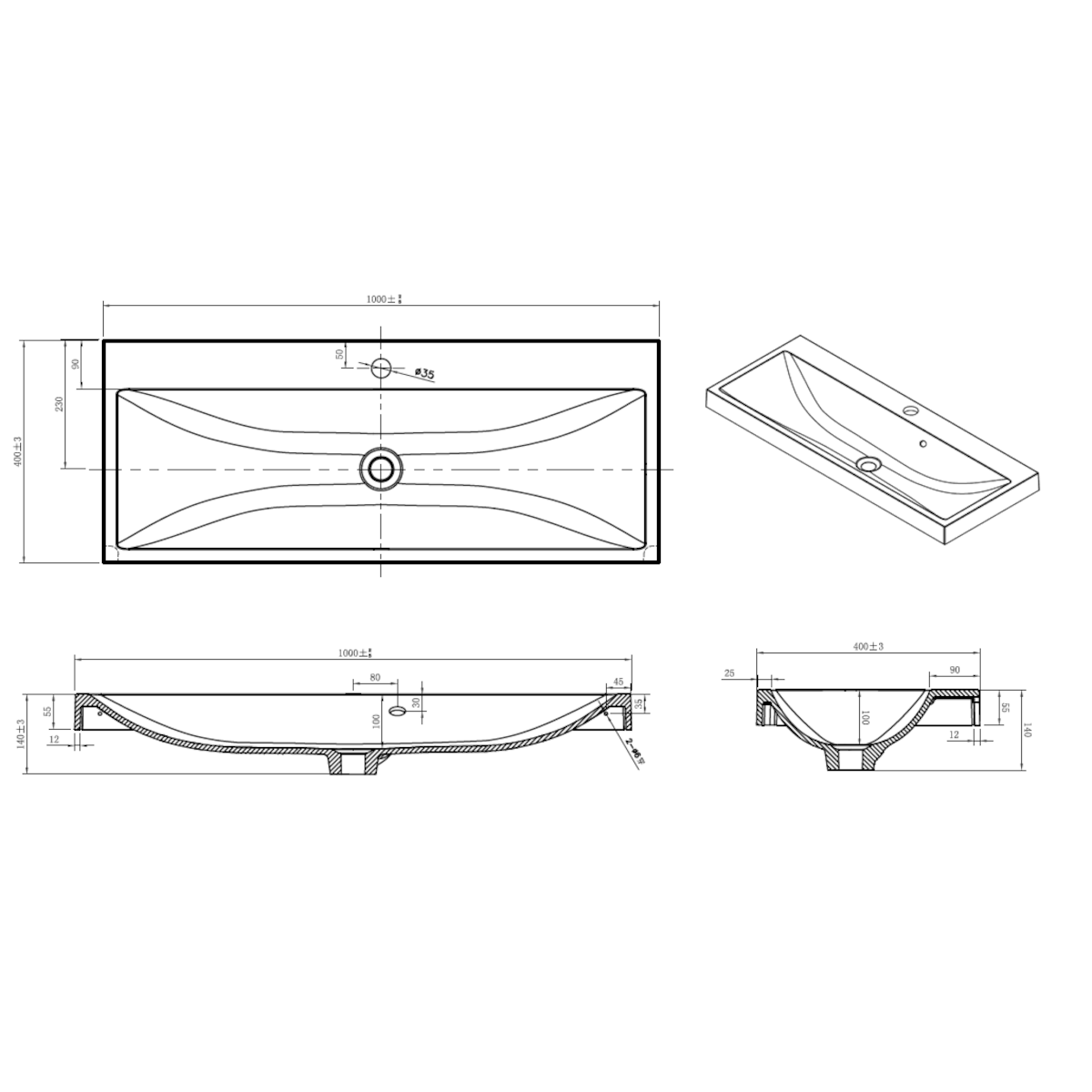 Umivalniki CU10050 Naturel Cube Way 100 x 40 cm vgradni umivalnik iz litega marmorja z odprtino za armaturo | KOPALNICA-ONLINE.SI