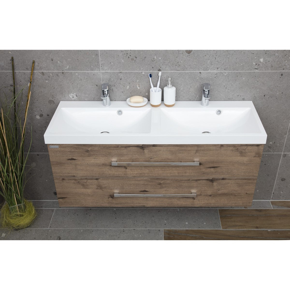 Umivalniki CU212050 Naturel Cube Way 120 x 40 cm dvojni umivalnik iz litega marmorja z 2 odprtinama | KOPALNICA-ONLINE.SI