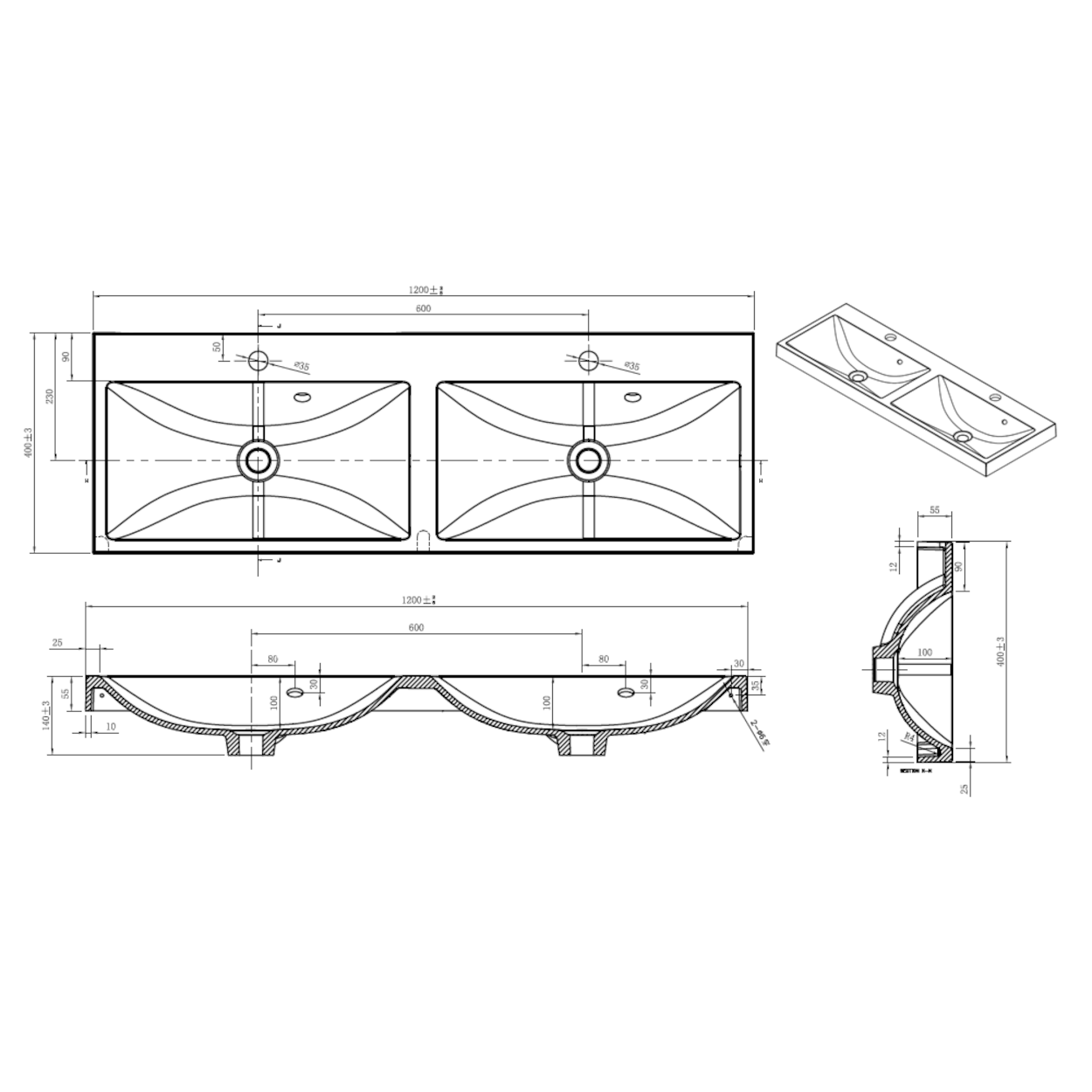 Umivalniki CU212050 Naturel Cube Way 120 x 40 cm dvojni umivalnik iz litega marmorja z 2 odprtinama | KOPALNICA-ONLINE.SI