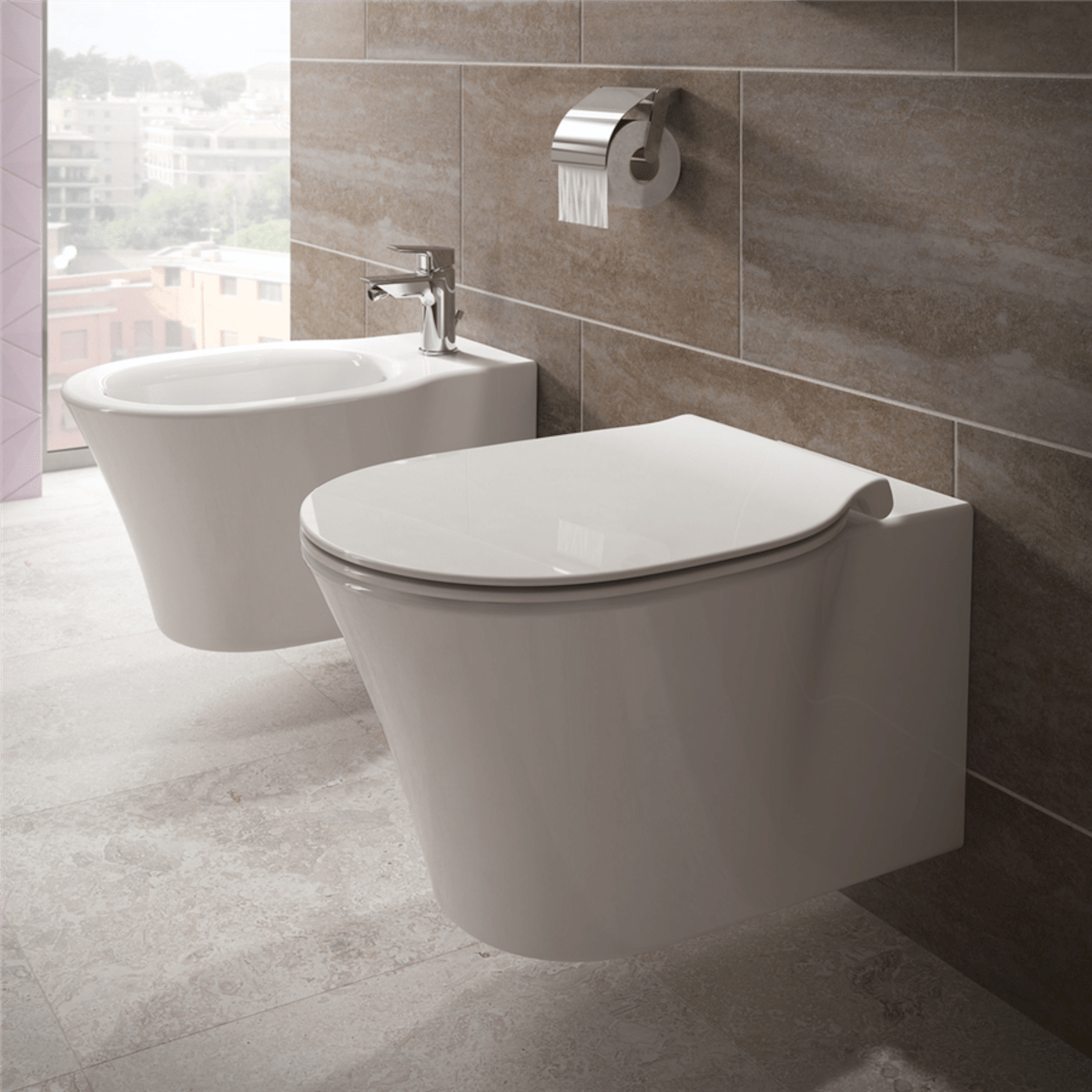 E008701 Ideal Standard Connect Air AQUABLADE viseča brezrobna WC školjka z WC desko s počasnim zapiranjem