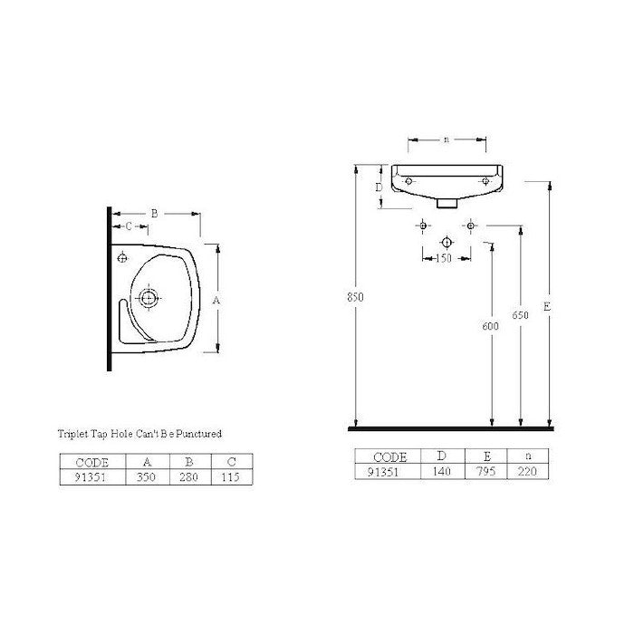 EUR913 desna izvedba Multi 35 x 28 cm stenski keramični umivalnik z odprtino za armaturo