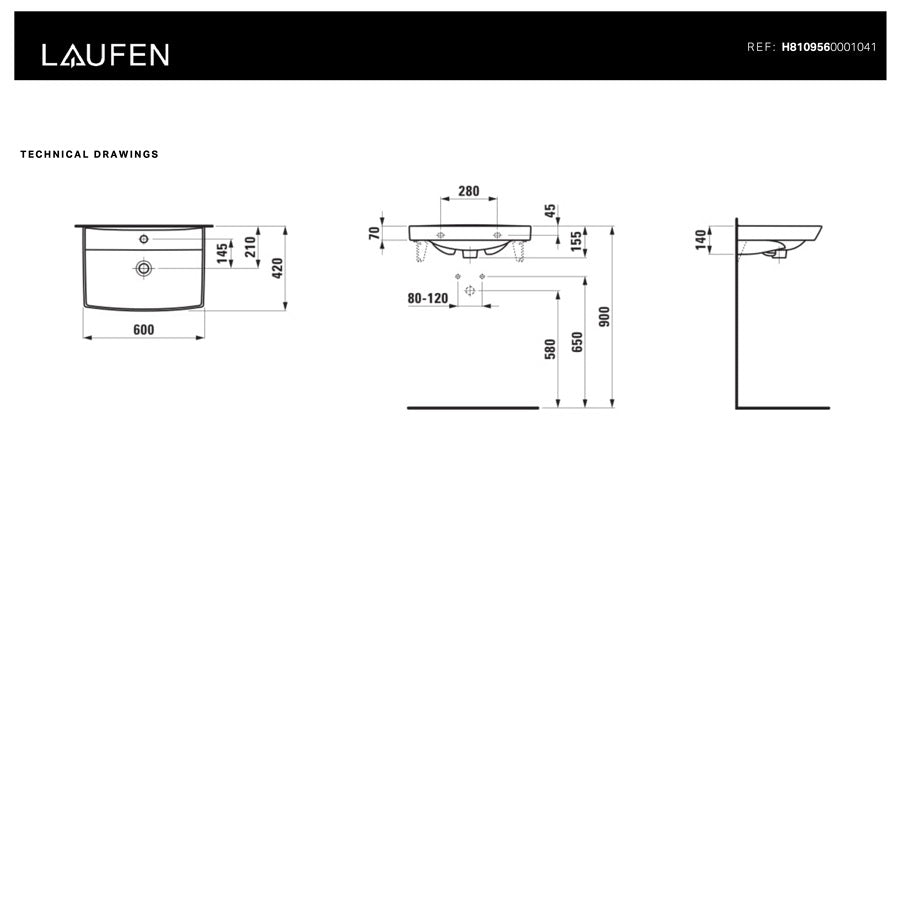 H8109560001041 Laufen Pro Nordic 60 x 42 cm pravokotni vgradni keramični umivalnik z odprtino za armaturo