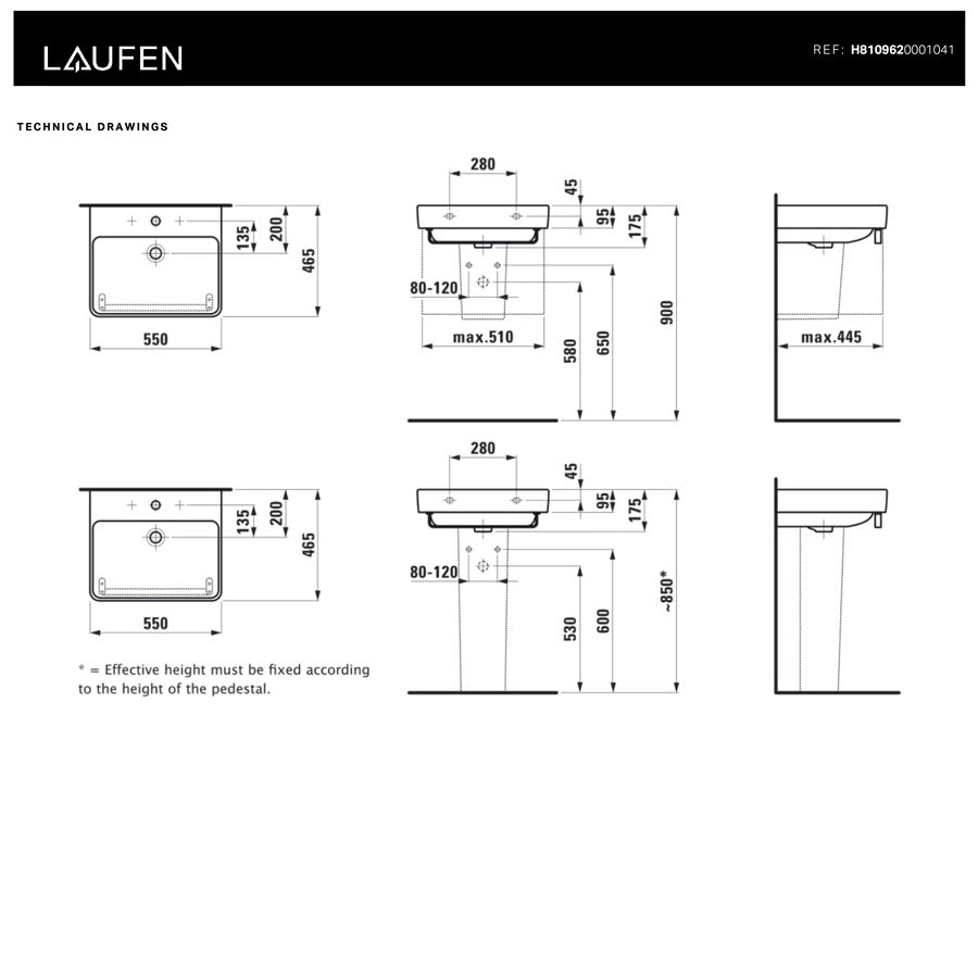 H8109620001041 Laufen Pro S 55 x 46,5 cm pravokotni stenski keramični umivalnik z odprtino za armaturo